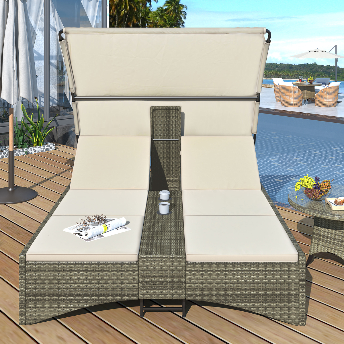 Patio Daybed Outdoor Daybed Outdoor Rattan Sun Lounger with Shelter Roof with Adjustable Backrest, Storage Box and 2 Cup Holders for Patio, Balcony, Poolside,Cream SZ000080AAA-djyc