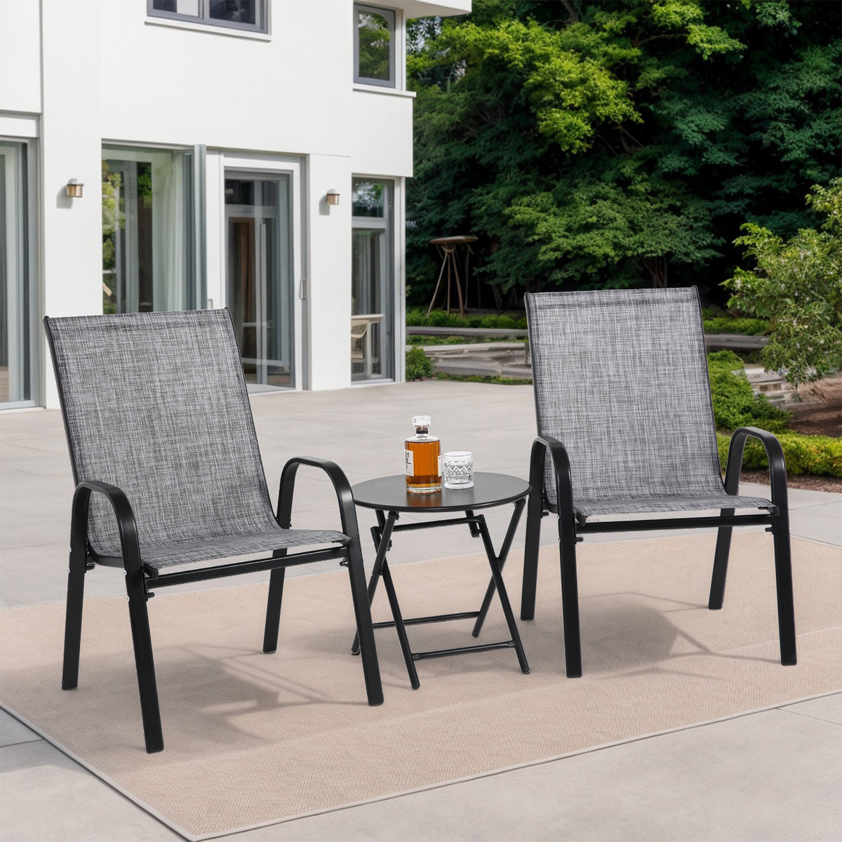 3 Piece Patio set, Outdoor Camping Chairs with Breathable Textilene Fabric, folding table with steel table top, 2chairs and 1table setW640P270188-djyc( Grey)