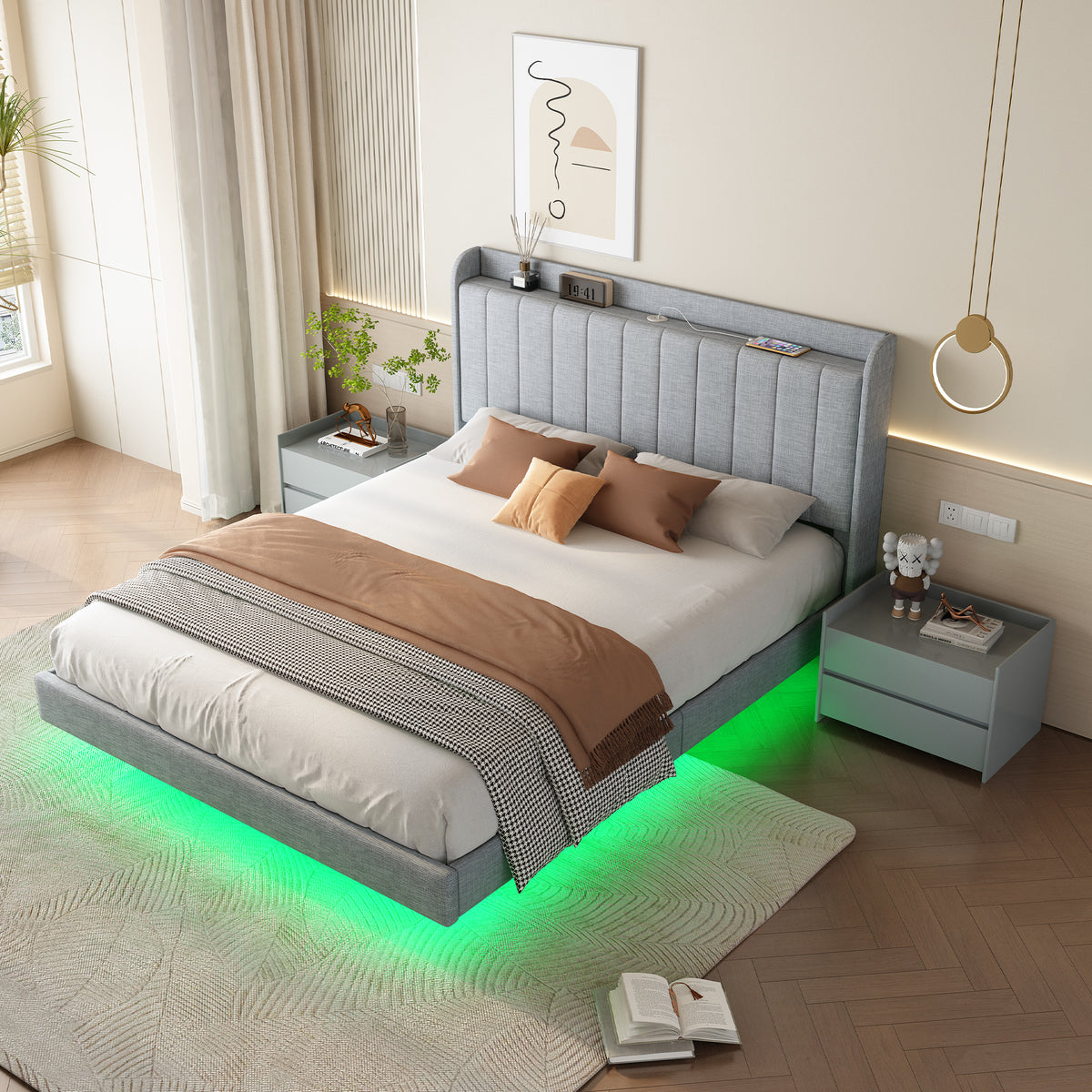 Queen size Floating Bed Frame,with Remote control LED Lights with APP , Wood Platform-Light Grey W2336P167496-djyc