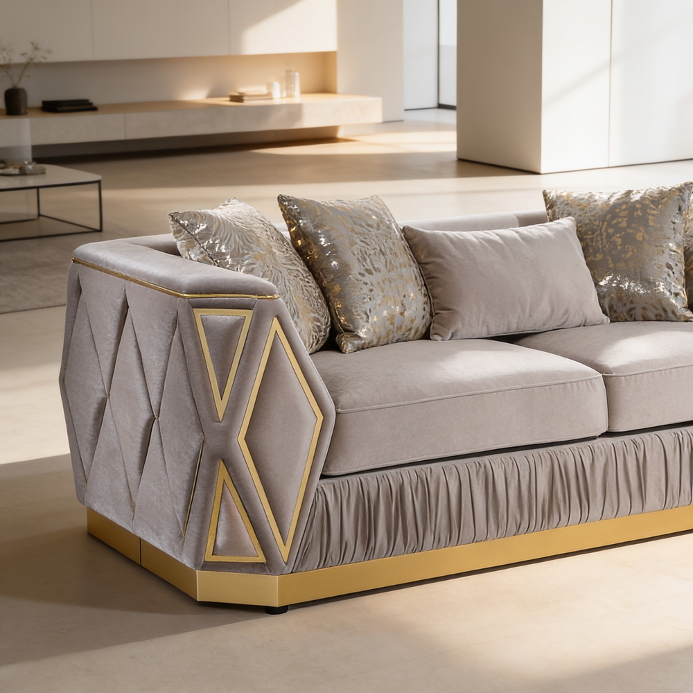 Cavalli Contemporary Style Upholstery Diamond Pattern Sofa Made with Wood in Gold accent & Taupe-B009P417491 - 场景图