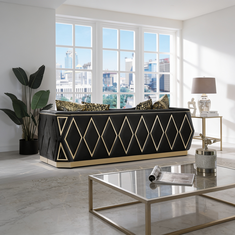 Cavalli Contemporary Style Upholstery Diamond Pattern Sofa Made with Wood in Gold accent & Black-B009P417494 - 正方形修复
