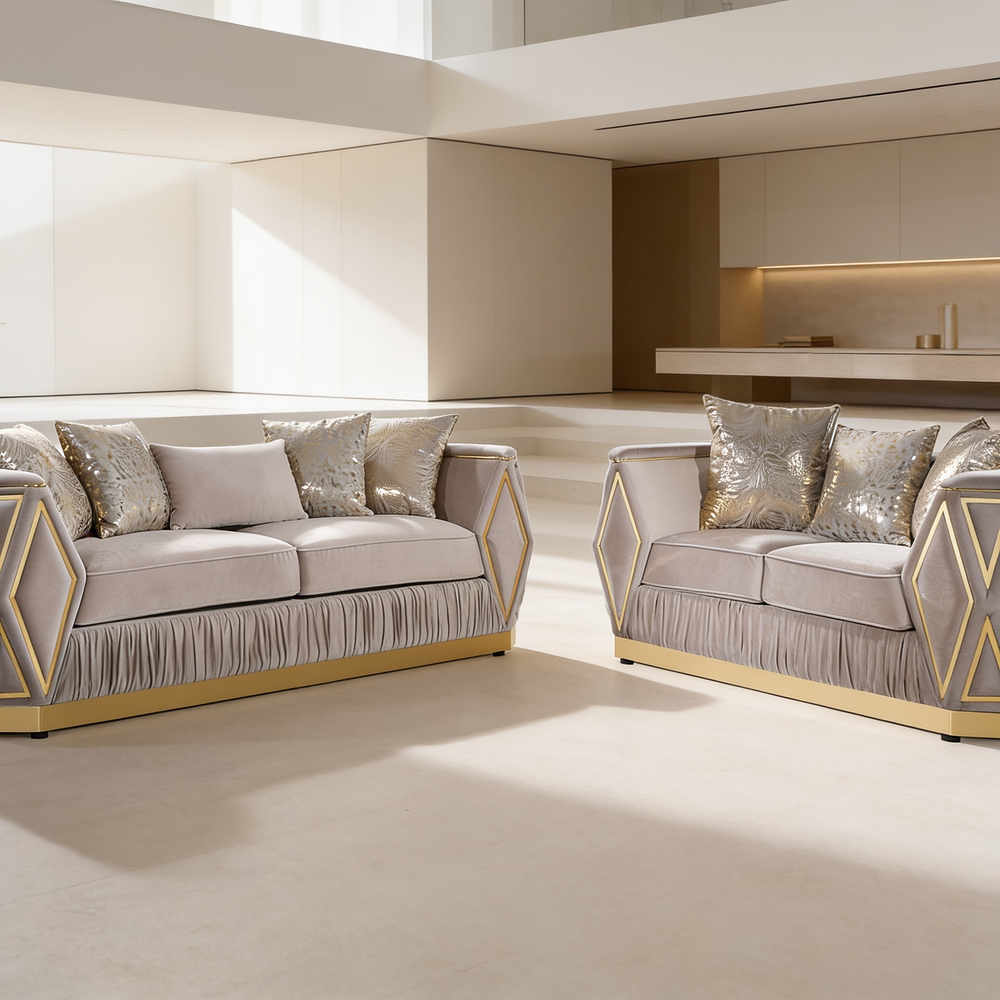 Cavalli Contemporary Style Upholstery Diamond Pattern 2PC Livingroom Set Made with Wood in Gold accent & Taupe-B009S02180 - 场景图