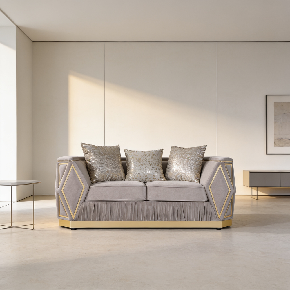 Cavalli Contemporary Style Upholstery Diamond Pattern 2PC Livingroom Set Made with Wood in Gold accent & Taupe-B009S02180 - 场景图