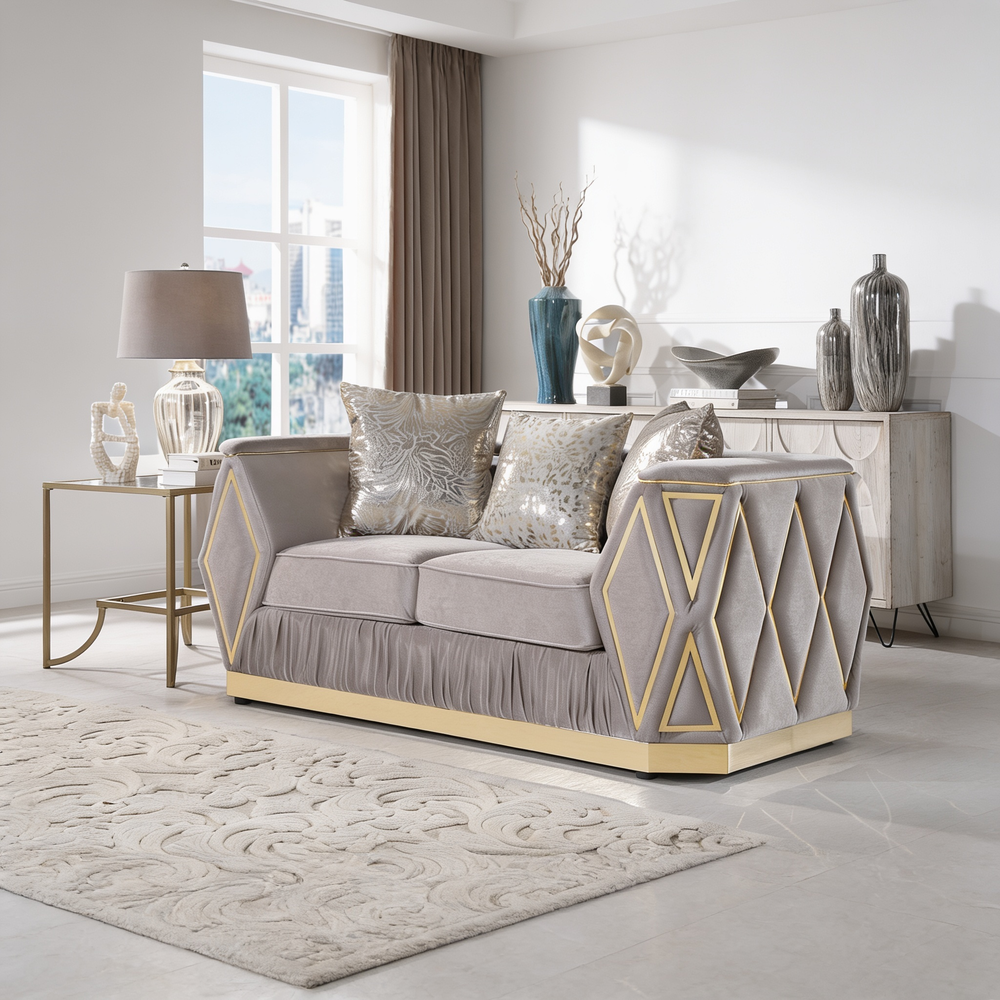 Cavalli Contemporary Style Upholstery Diamond Pattern 2PC Livingroom Set Made with Wood in Gold accent & Taupe-B009S02180 - 正方形修复