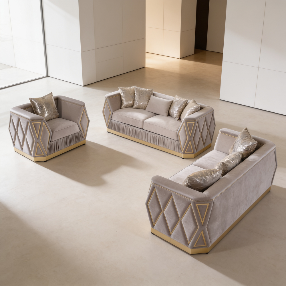 Cavalli Contemporary Style Upholstery Diamond Pattern 3PC Livingroom Set Made with Wood in Gold accent & Taupe-B009S02181 - 场景图