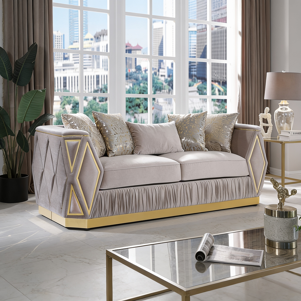 Cavalli Contemporary Style Upholstery Diamond Pattern 3PC Livingroom Set Made with Wood in Gold accent & Taupe-B009S02181 - 正方形修复
