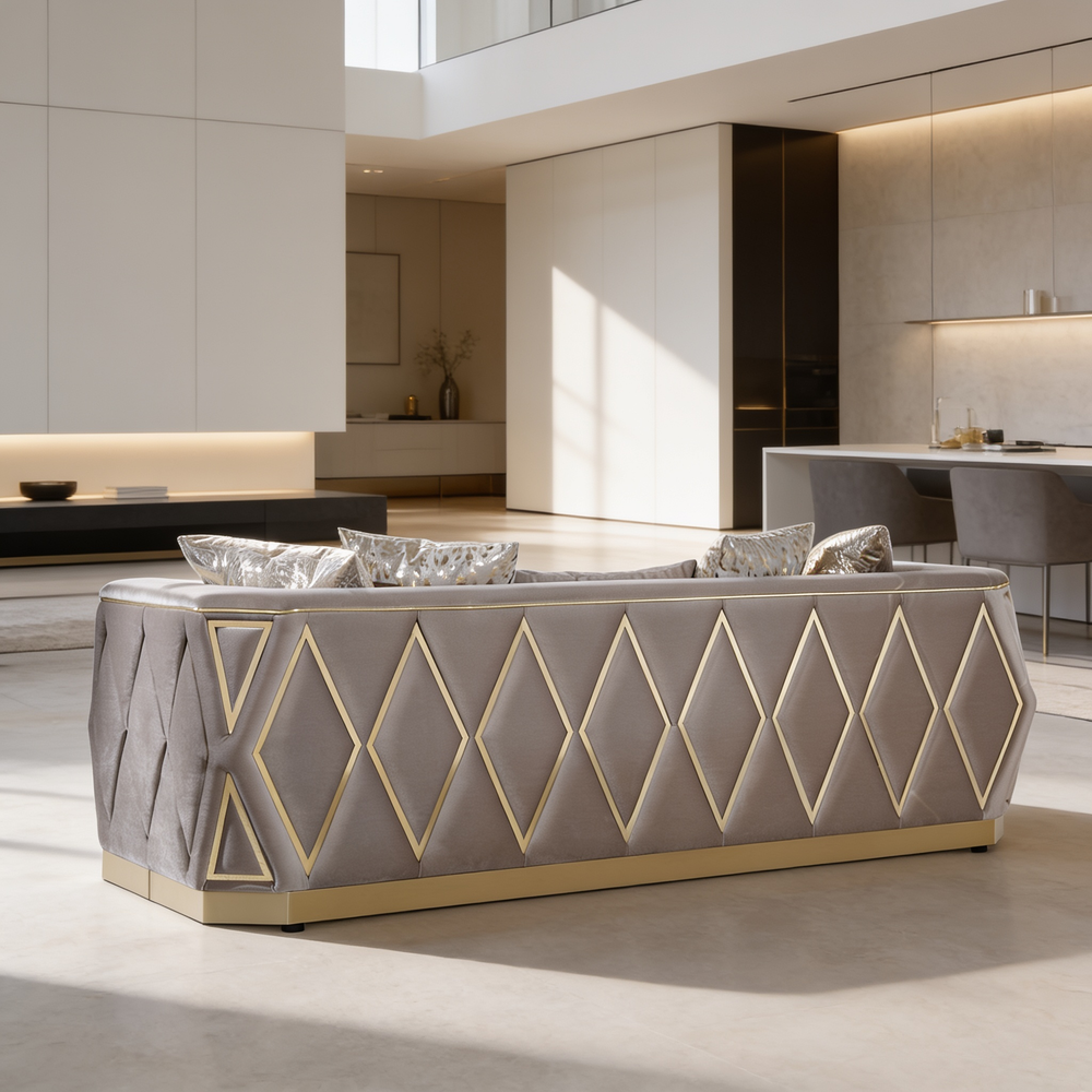 Cavalli Contemporary Style Upholstery Diamond Pattern 3PC Livingroom Set Made with Wood in Gold accent & Taupe-B009S02181 - 细节图