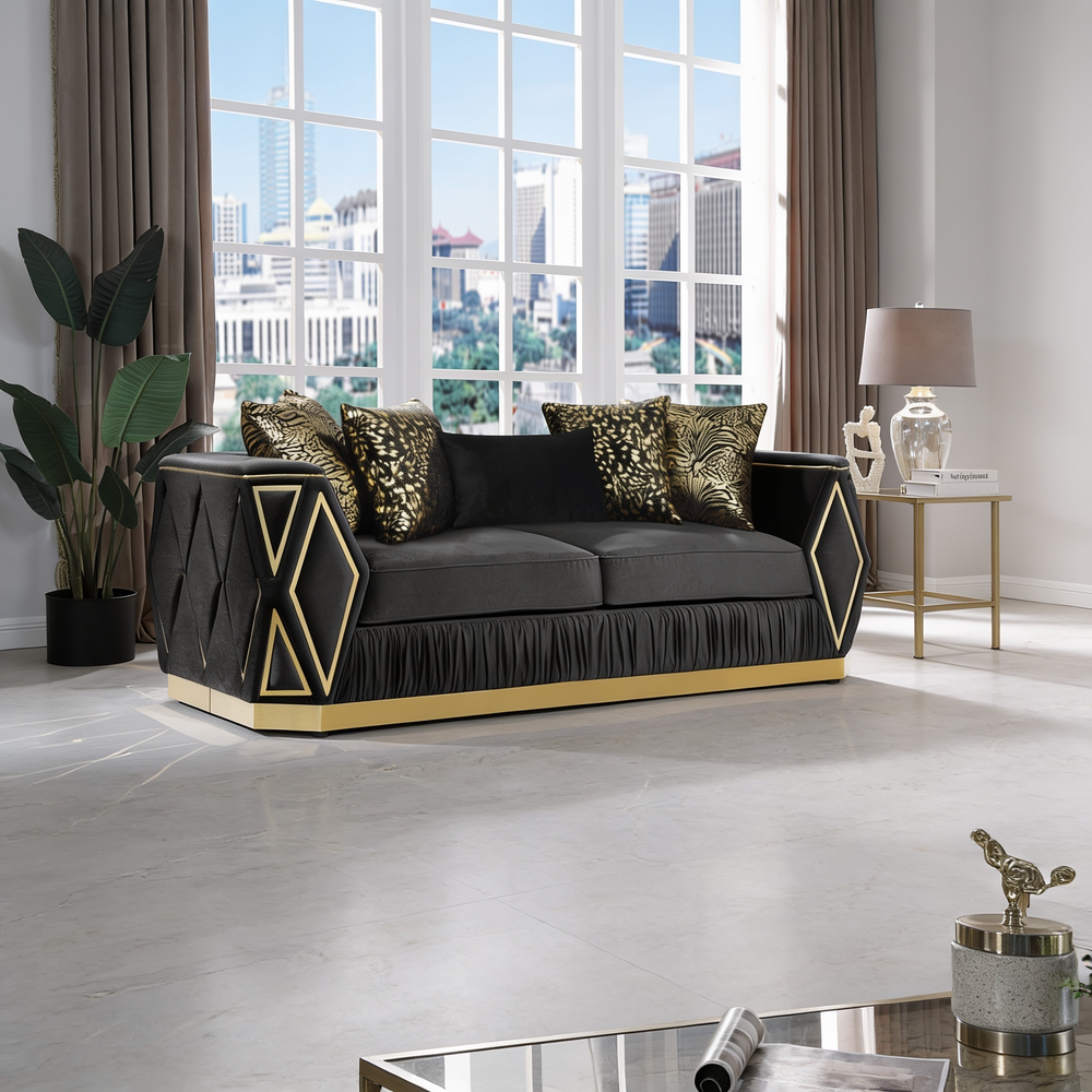 Cavalli Contemporary Style Upholstery Diamond Pattern 2PC Livingroom Set Made with Wood in Gold accent & Black-B009S02182 - 正方形修复