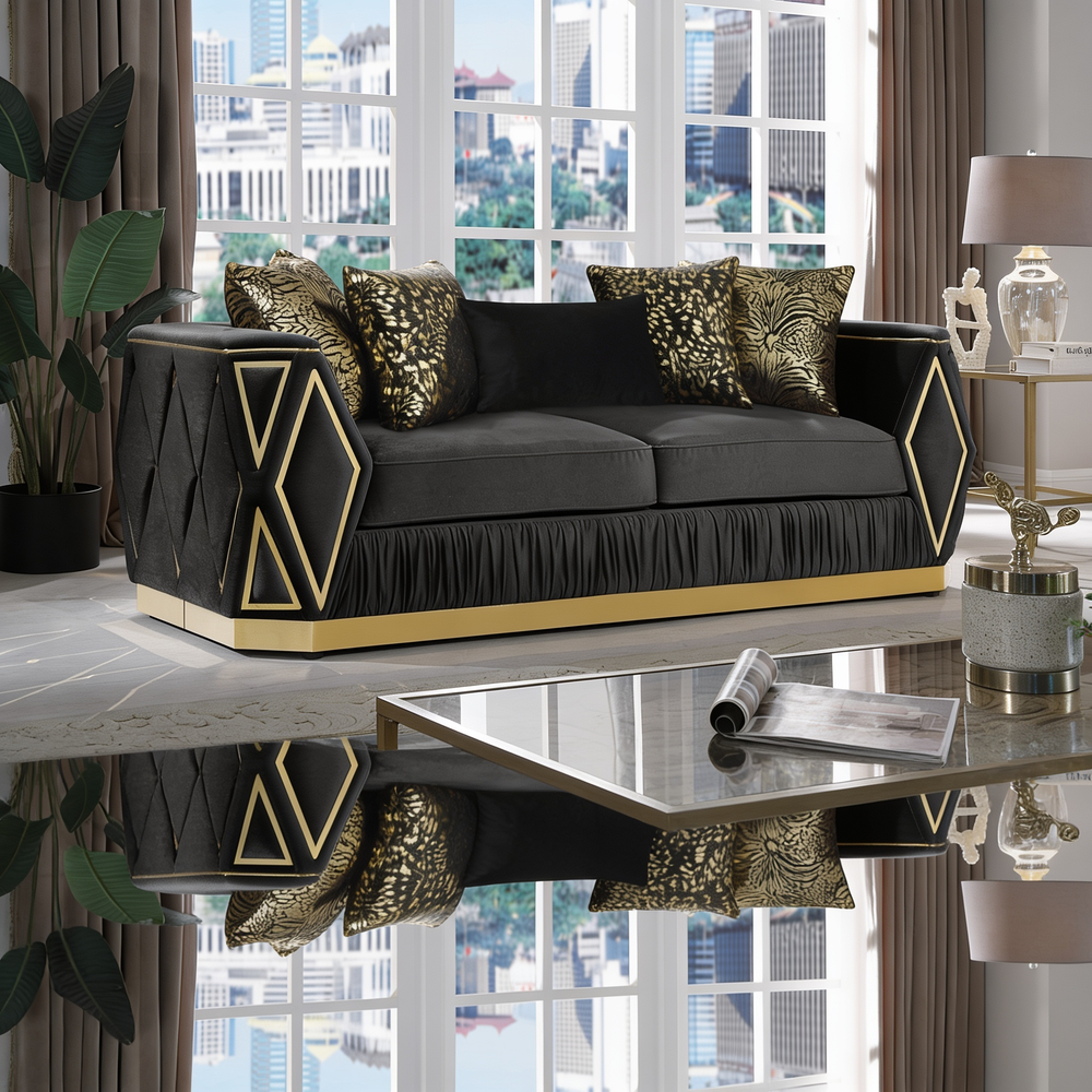 Cavalli Contemporary Style Upholstery Diamond Pattern 3PC Livingroom Set Made with Wood in Gold accent & Black-B009S02183 - 正方形修复