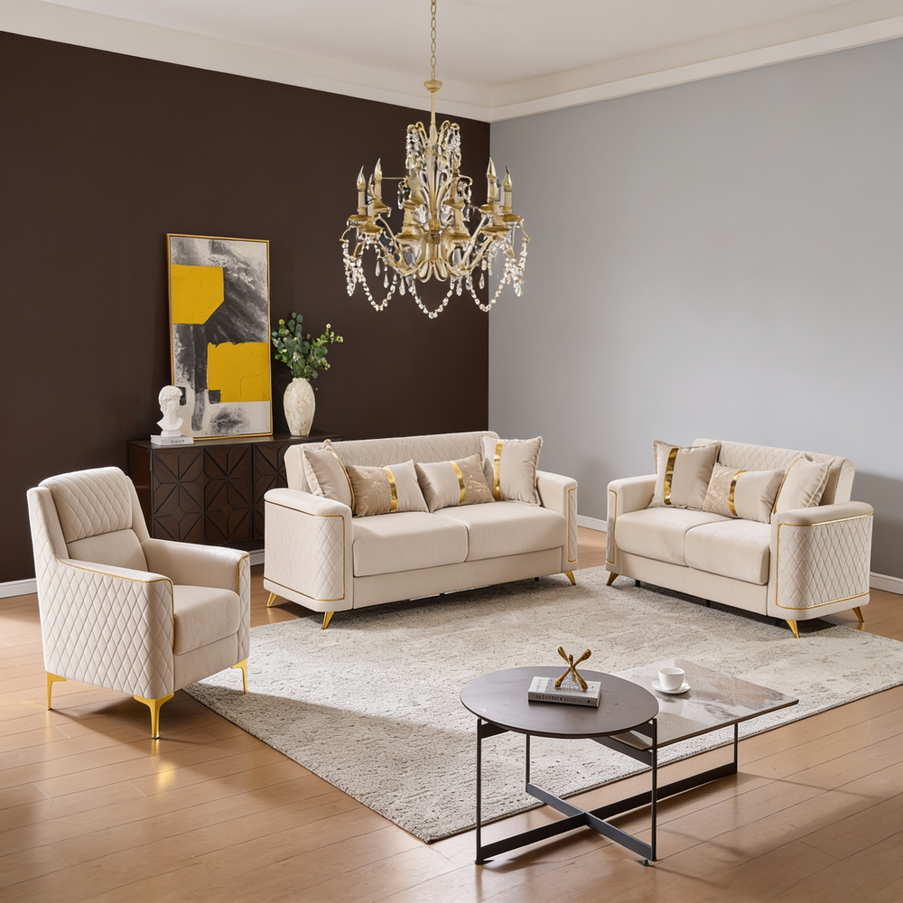 Lisa 3Pc Sofa, Loveseat and Accent Chair Set in Ivory-B009S02228 - 正方形修复
