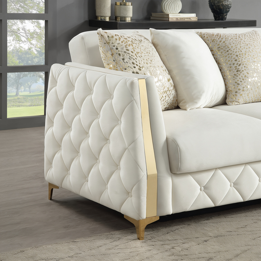 Lippa Upholstered Sofa in Off White Fabric with Gold Stainless Steel Legs, Foam Cushioning and Sturdy Wood Frame-B009S02230 - 细节图