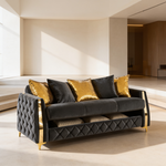 Lippa Upholstered Sofa in Black Fabric with Gold Stainless Steel Legs, Foam Cushioning and Sturdy Wood Frame-B009S02234 - 场景图