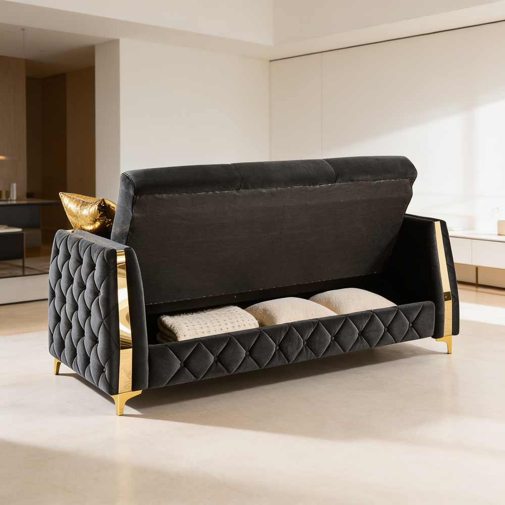 Lippa Upholstered Sofa in Black Fabric with Gold Stainless Steel Legs, Foam Cushioning and Sturdy Wood Frame-B009S02234 - 场景图