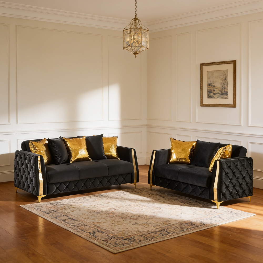 Lippa 2pc Upholstered Sofa and Loveseat Set in Black Fabric with Gold Stainless Steel Legs, Foam Cushioning and Sturdy Wood Frame-B009S02235 - 场景图
