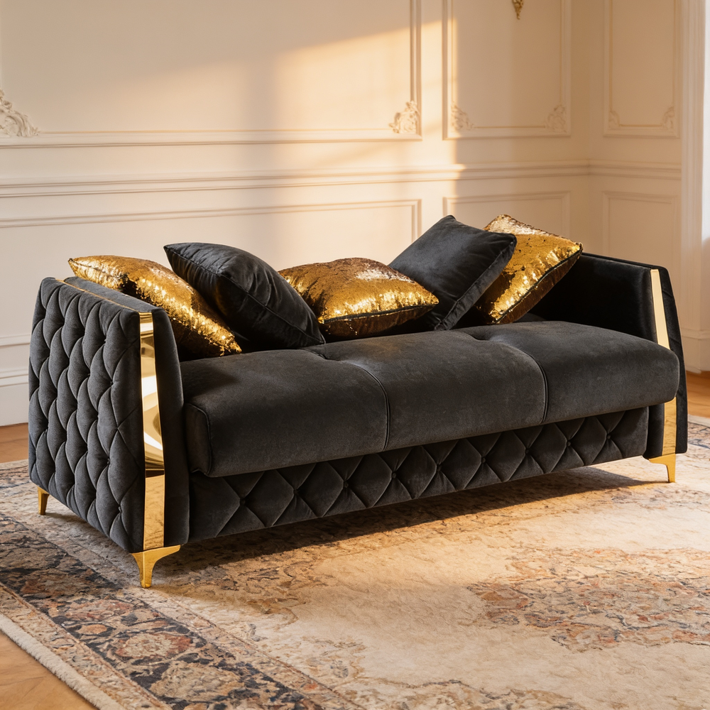 Lippa 2pc Upholstered Sofa and Loveseat Set in Black Fabric with Gold Stainless Steel Legs, Foam Cushioning and Sturdy Wood Frame-B009S02235 - 场景图