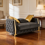 Lippa 2pc Upholstered Sofa and Loveseat Set in Black Fabric with Gold Stainless Steel Legs, Foam Cushioning and Sturdy Wood Frame-B009S02235 - 场景图