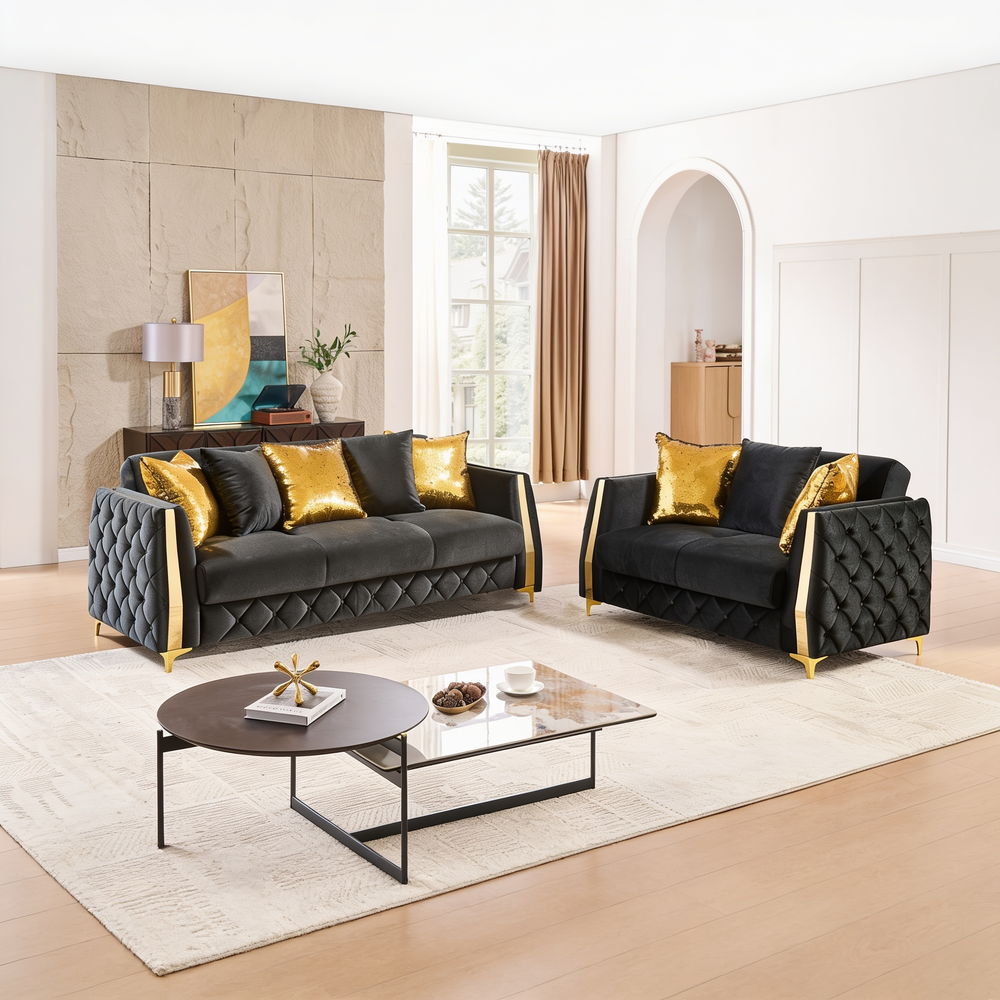 Lippa 2pc Upholstered Sofa and Loveseat Set in Black Fabric with Gold Stainless Steel Legs, Foam Cushioning and Sturdy Wood Frame-B009S02235 - 正方形修复