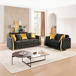 Lippa 2pc Upholstered Sofa and Loveseat Set in Black Fabric with Gold Stainless Steel Legs, Foam Cushioning and Sturdy Wood Frame-B009S02235 - 正方形修复