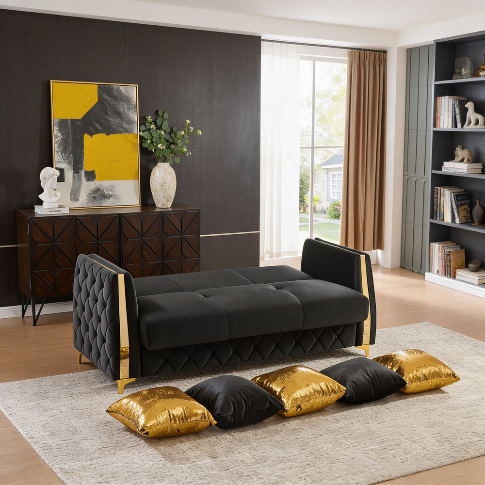 Lippa 2pc Upholstered Sofa and Loveseat Set in Black Fabric with Gold Stainless Steel Legs, Foam Cushioning and Sturdy Wood Frame-B009S02235 - 正方形修复