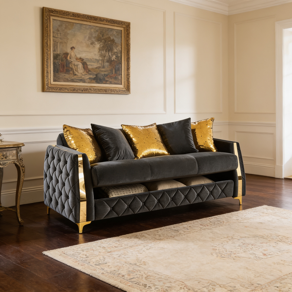Lippa 3pc Upholstered Sofa, Loveseat and Chair Set in Black Fabric with Gold Stainless Steel Legs, Foam Cushioning and Sturdy Wood Frame-B009S02236 - 场景图