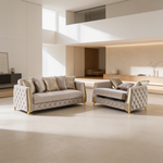Lippa 2pc Upholstered Sofa and Loveseat Set in Taupe Fabric with Gold Stainless Steel Legs, Foam Cushioning and Sturdy Wood Frame-B009S02239 - 场景图