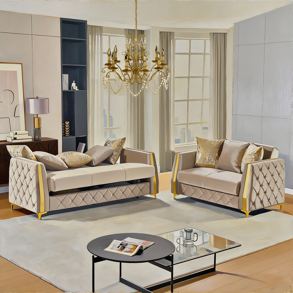 Lippa 2pc Upholstered Sofa and Loveseat Set in Taupe Fabric with Gold Stainless Steel Legs, Foam Cushioning and Sturdy Wood Frame-B009S02239 - 正方形修复