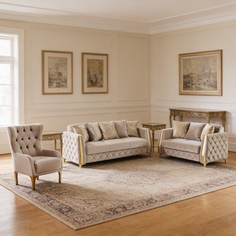 Lippa 3pc Upholstered Sofa, Loveseat and Chair Set in Taupe Fabric with Gold Stainless Steel Legs, Foam Cushioning and Sturdy Wood Frame-B009S02240 - 场景图