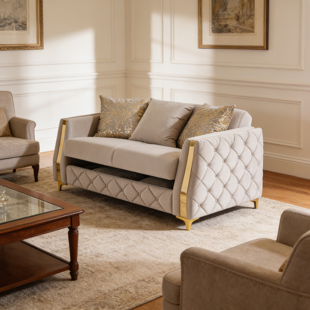 Lippa 3pc Upholstered Sofa, Loveseat and Chair Set in Taupe Fabric with Gold Stainless Steel Legs, Foam Cushioning and Sturdy Wood Frame-B009S02240 - 场景图