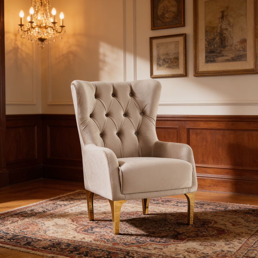 Lippa 3pc Upholstered Sofa, Loveseat and Chair Set in Taupe Fabric with Gold Stainless Steel Legs, Foam Cushioning and Sturdy Wood Frame-B009S02240 - 场景图