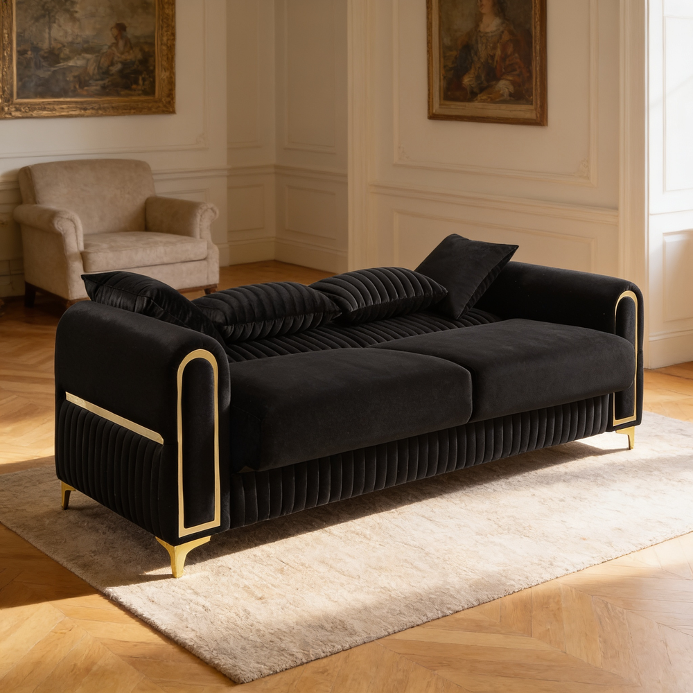 Ruby Modern Upholstered Sofa in Black with Solid Birch Wood Frame, Pocket Coil Seating and Gold Stainless Steel Legs-B009S02245 - 场景图