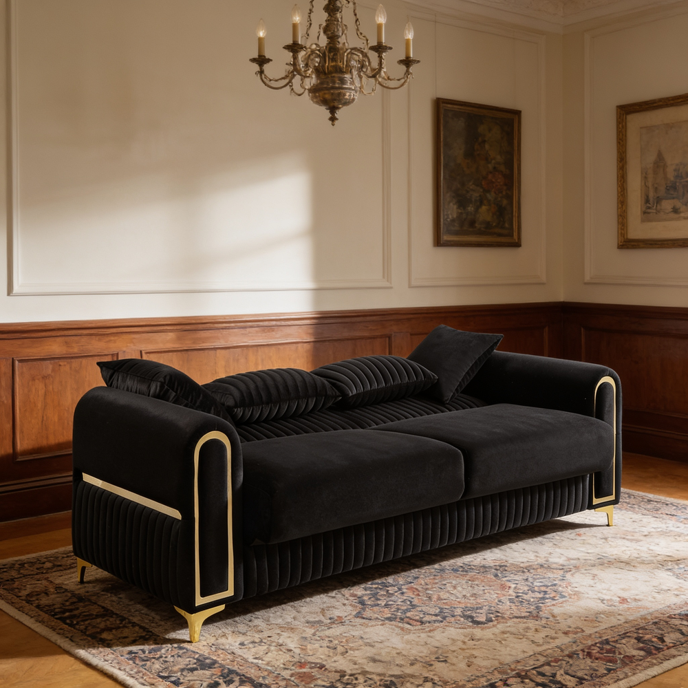 Ruby 2Pc Modern Upholstered Sofa and Loveseat in Black with Solid Birch Wood Frame, Pocket Coil Seating and Gold Stainless Steel Legs-B009S02247 - 场景图