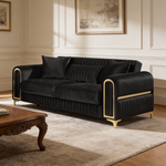 Ruby 2Pc Modern Upholstered Sofa and Loveseat in Black with Solid Birch Wood Frame, Pocket Coil Seating and Gold Stainless Steel Legs-B009S02247 - 场景图