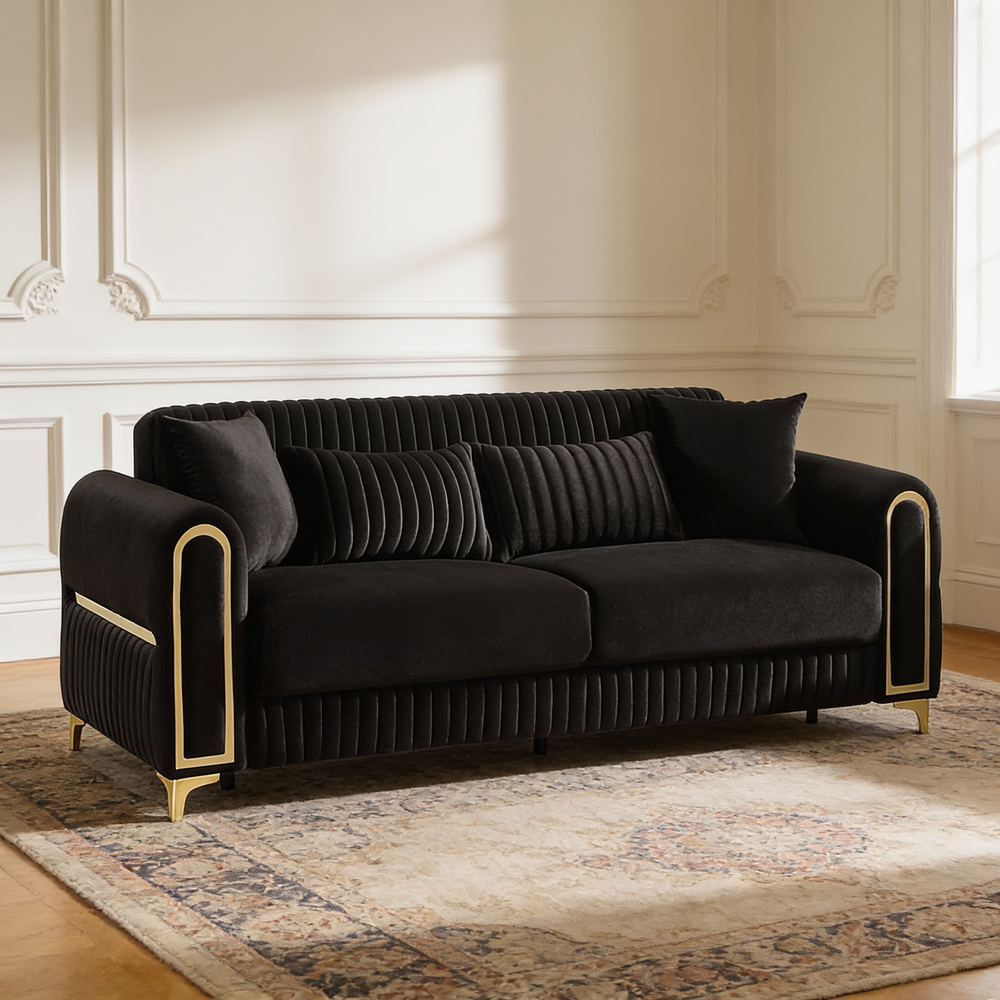 Ruby 2Pc Modern Upholstered Sofa and Loveseat in Black with Solid Birch Wood Frame, Pocket Coil Seating and Gold Stainless Steel Legs-B009S02247 - 场景图