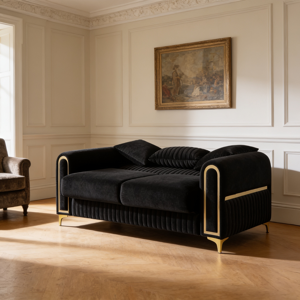 Ruby 3Pc Modern Upholstered Sofa, Loveseatand Chair in Black with Solid Birch Wood Frame, Pocket Coil Seating and Gold Stainless Steel Legs-B009S02248 - 场景图