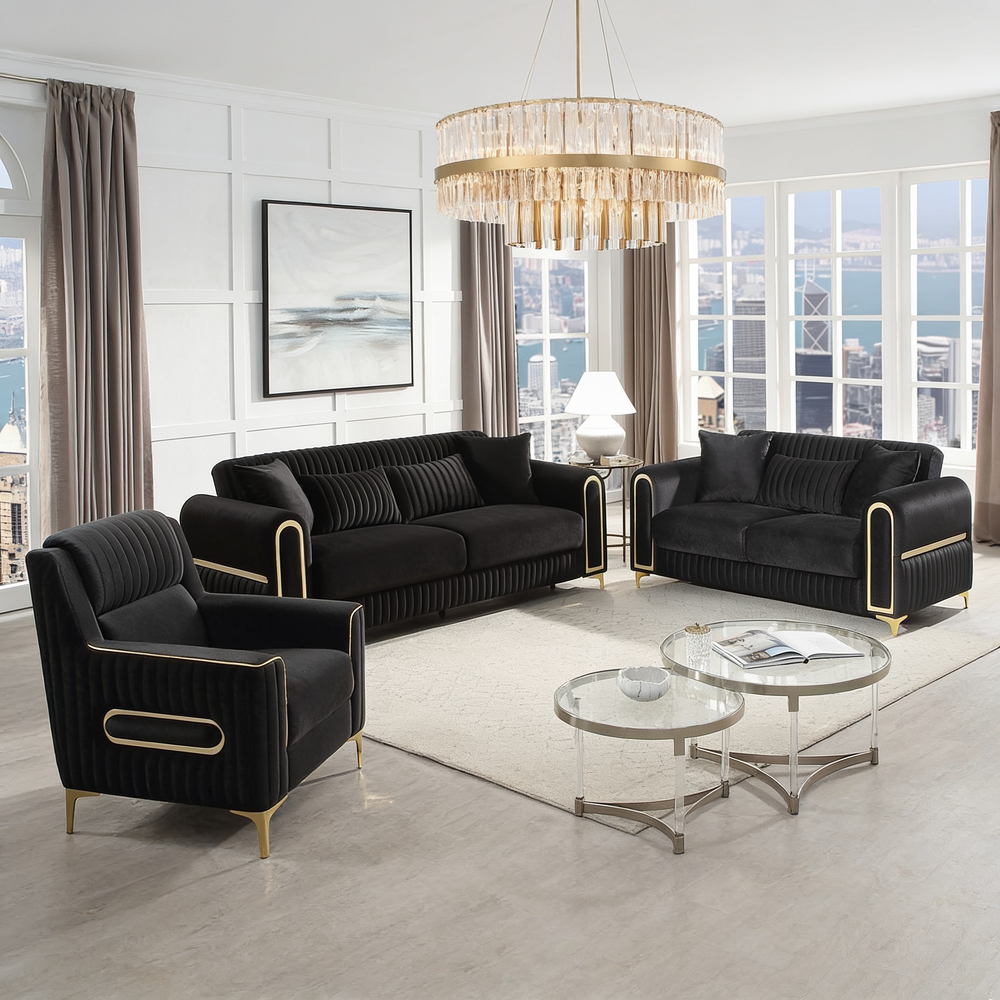 Ruby 3Pc Modern Upholstered Sofa, Loveseatand Chair in Black with Solid Birch Wood Frame, Pocket Coil Seating and Gold Stainless Steel Legs-B009S02248 - 正方形修复
