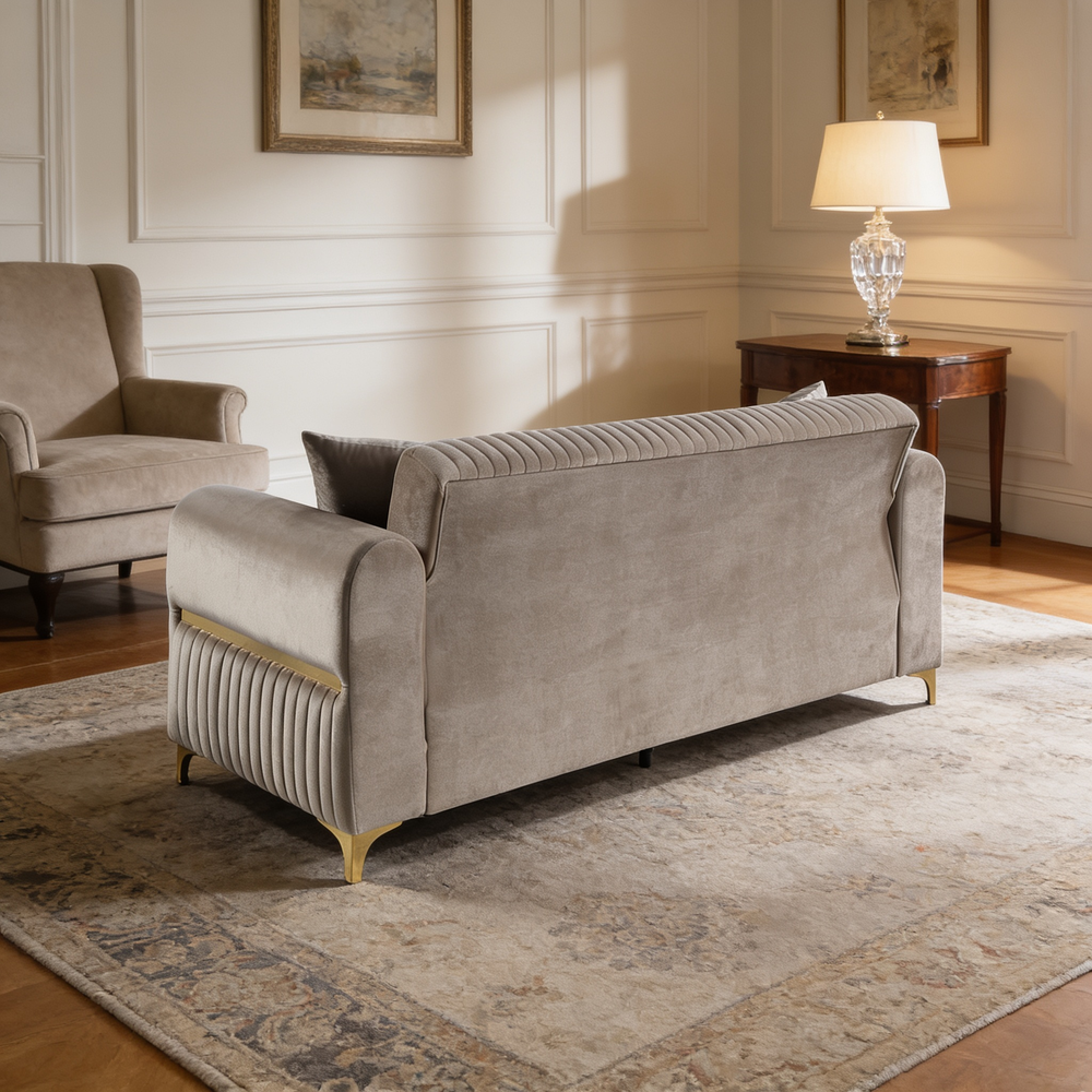 Ruby Modern Upholstered Sofa in Taupe with Solid Birch Wood Frame, Pocket Coil Seating and Gold Stainless Steel Legs-B009S02249 - 场景图
