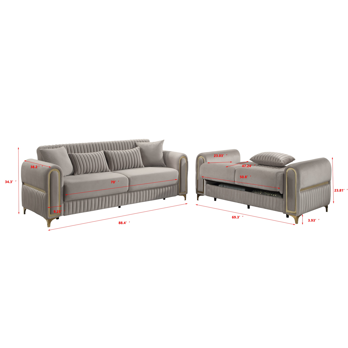 Ruby Modern Upholstered Sofa in Taupe with Solid Birch Wood Frame, Pocket Coil Seating and Gold Stainless Steel Legs-B009S02249 - 商品介绍图