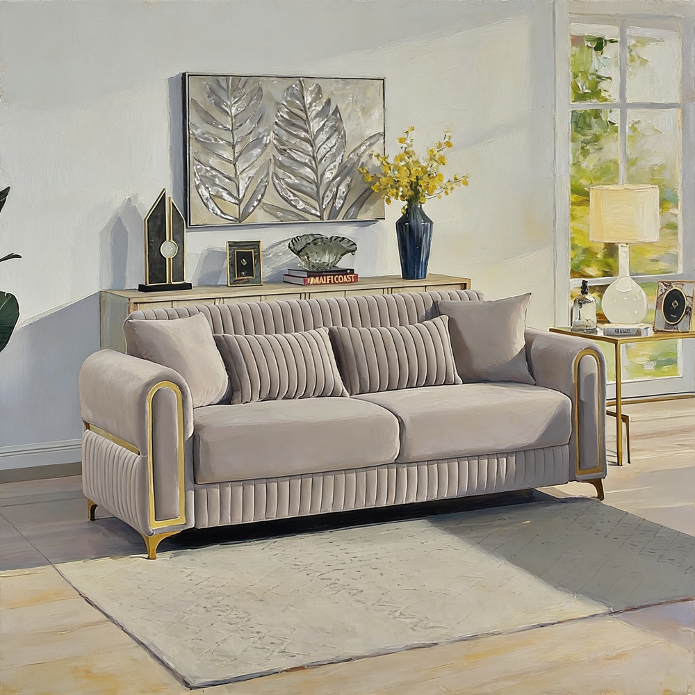 Ruby Modern Upholstered Sofa in Taupe with Solid Birch Wood Frame, Pocket Coil Seating and Gold Stainless Steel Legs-B009S02249 - 正方形修复