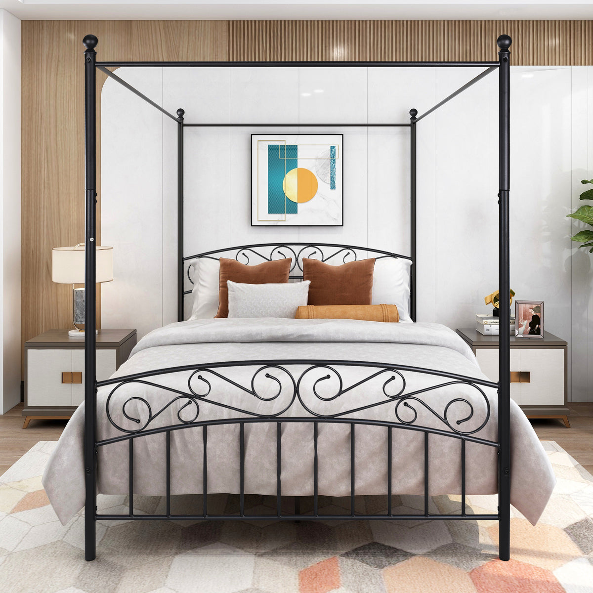Queen Size Metal Canopy Bed Frame with Headboard and Footboard Black W84034157-djyc