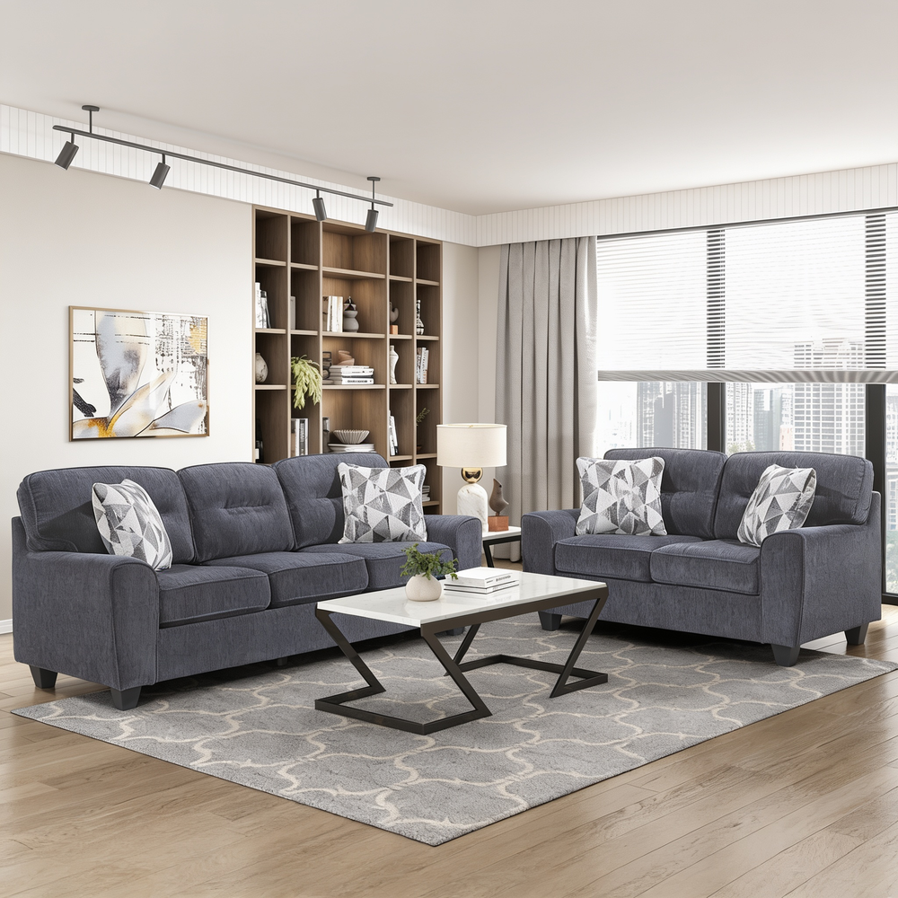 Durable Chenille Fabric Sofa w Decorative Pillows Blue Contemporary Living Room Furniture 1pc-B011P474277 - 正方形修复