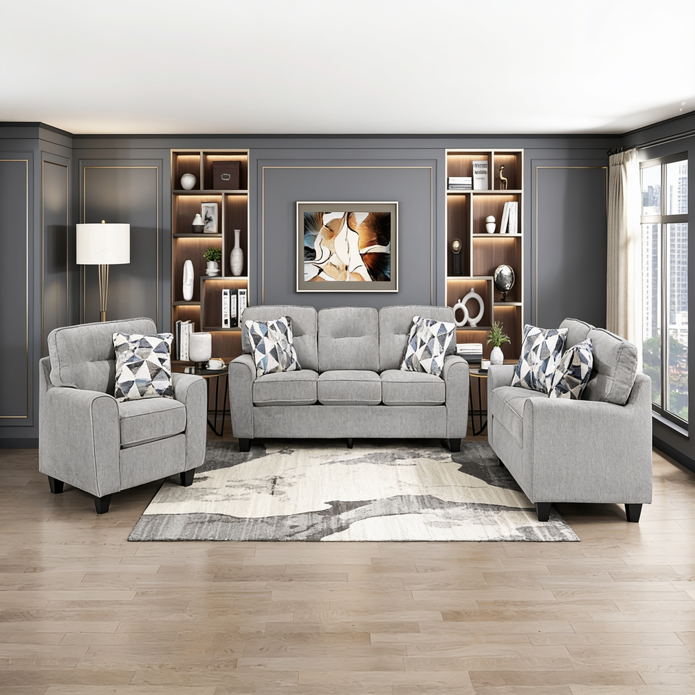 Contemporary 3pc Set Living Room Sofa Loveseat Chair Gray Durable Chenille Fabric Decorative Pillows Wooden Furniture-B011S02476 - 正方形修复