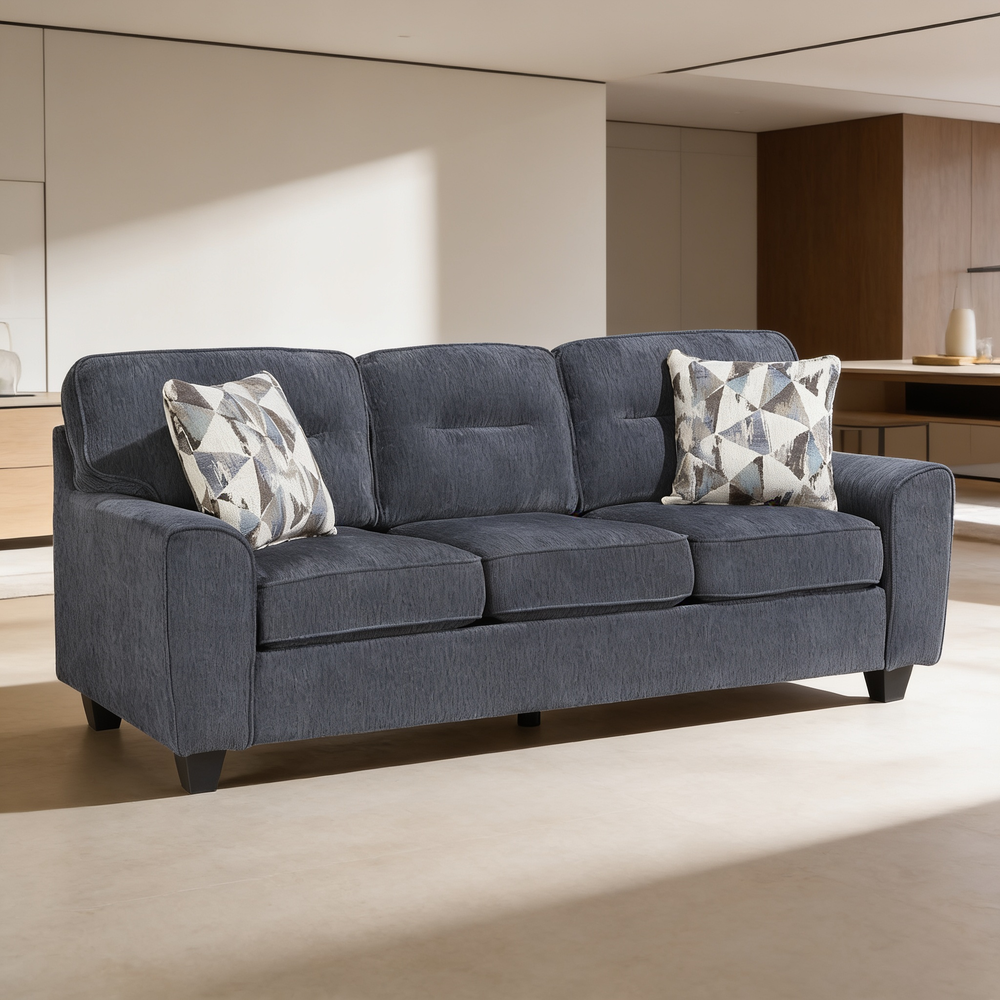 Contemporary Blue 3pc Set Sofa Loveseat Chair Durable Chenille Fabric Decorative Pillows Wooden Living Room Furniture-B011S02477 - 场景图