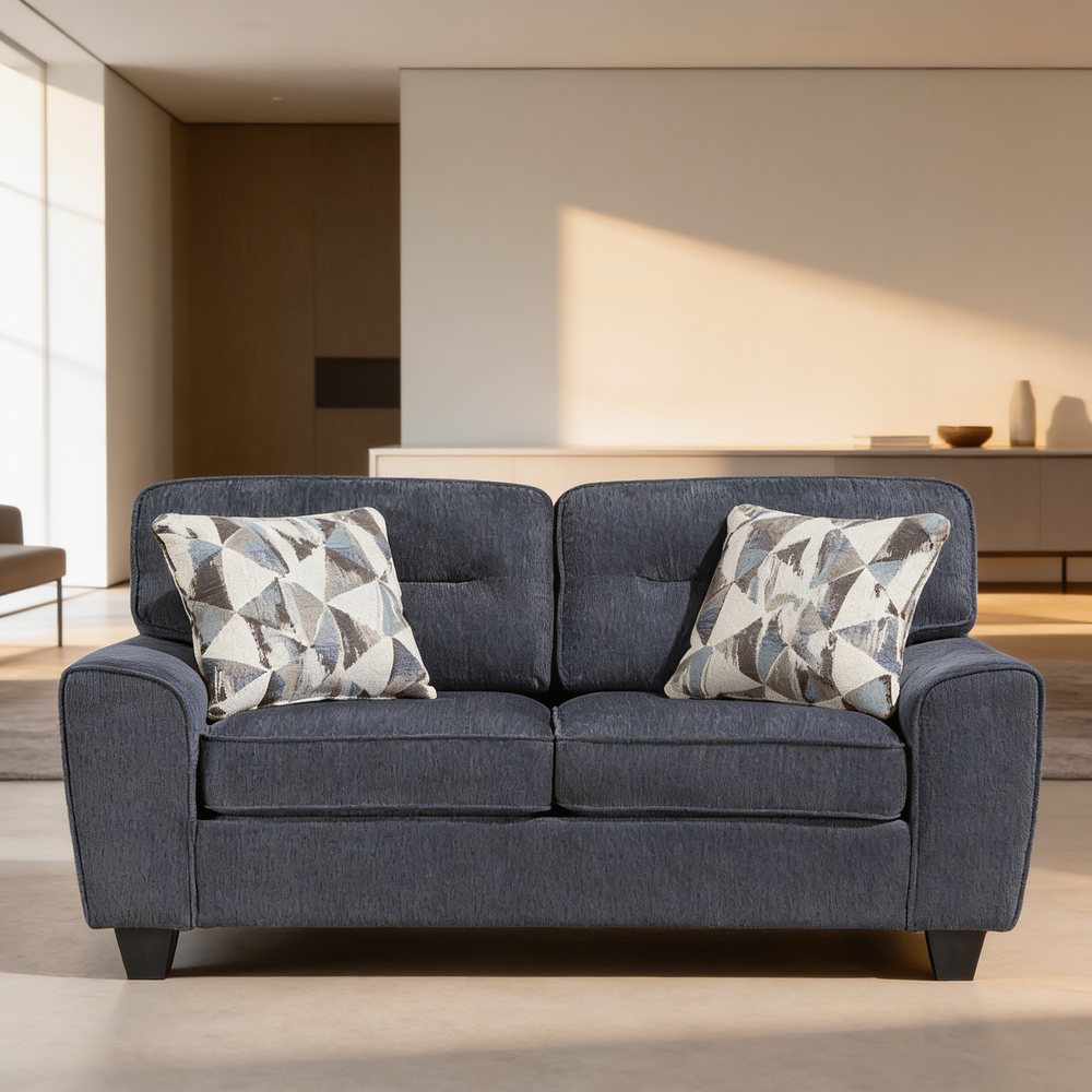 Contemporary Blue 3pc Set Sofa Loveseat Chair Durable Chenille Fabric Decorative Pillows Wooden Living Room Furniture-B011S02477 - 场景图