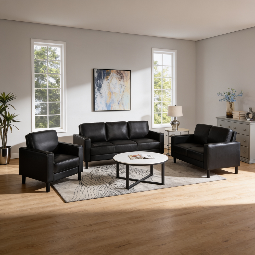 Weld Black 3-Piece Upholstered Track Arm Sofa Set with Plush Cushions and Tapered Legs in Black Faux Leather-B062S01658 - 场景图