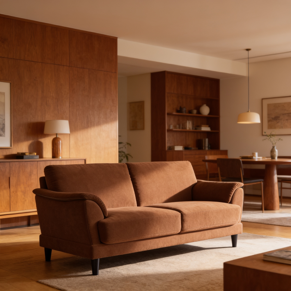 Dania Rust 2-Piece Upholstered Crescent Arm Sofa Set in Rust Fabric with Black Wood Frame, 74.75 Inches Wide - B062S01663 - 场景图