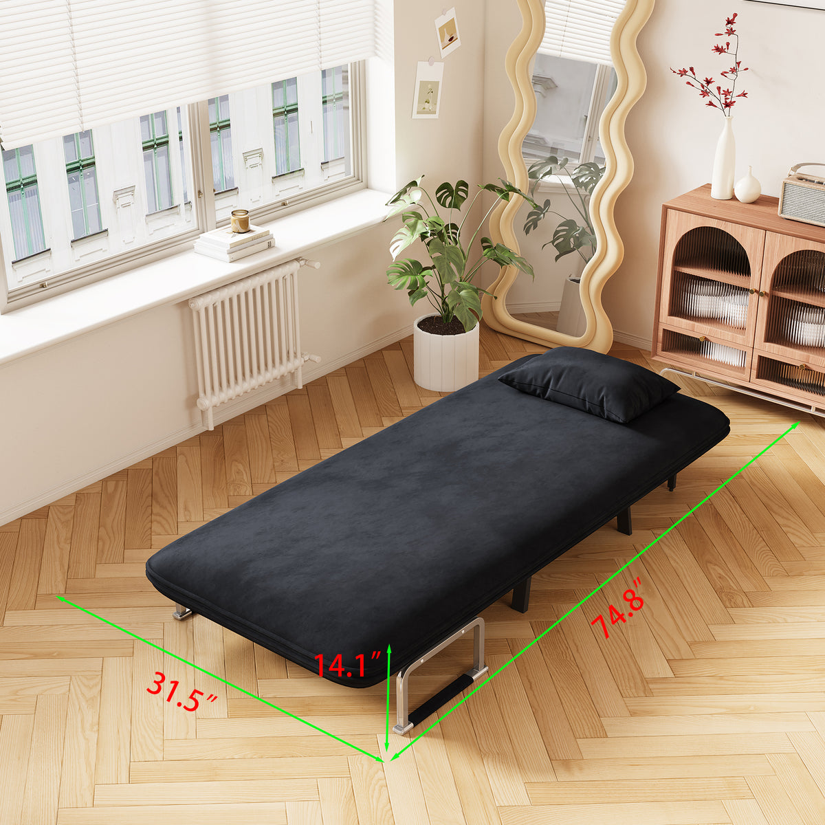 31.5″ Convertible Chair Bed, Tri-Fold Sofa Bed with Adjustable Backrest & Pillow, Leisure Chaise Lounge Couch with Sturdy Steel Frame for Home & Office, Comfortable Sleeper Chair black W1767P220577-djyc