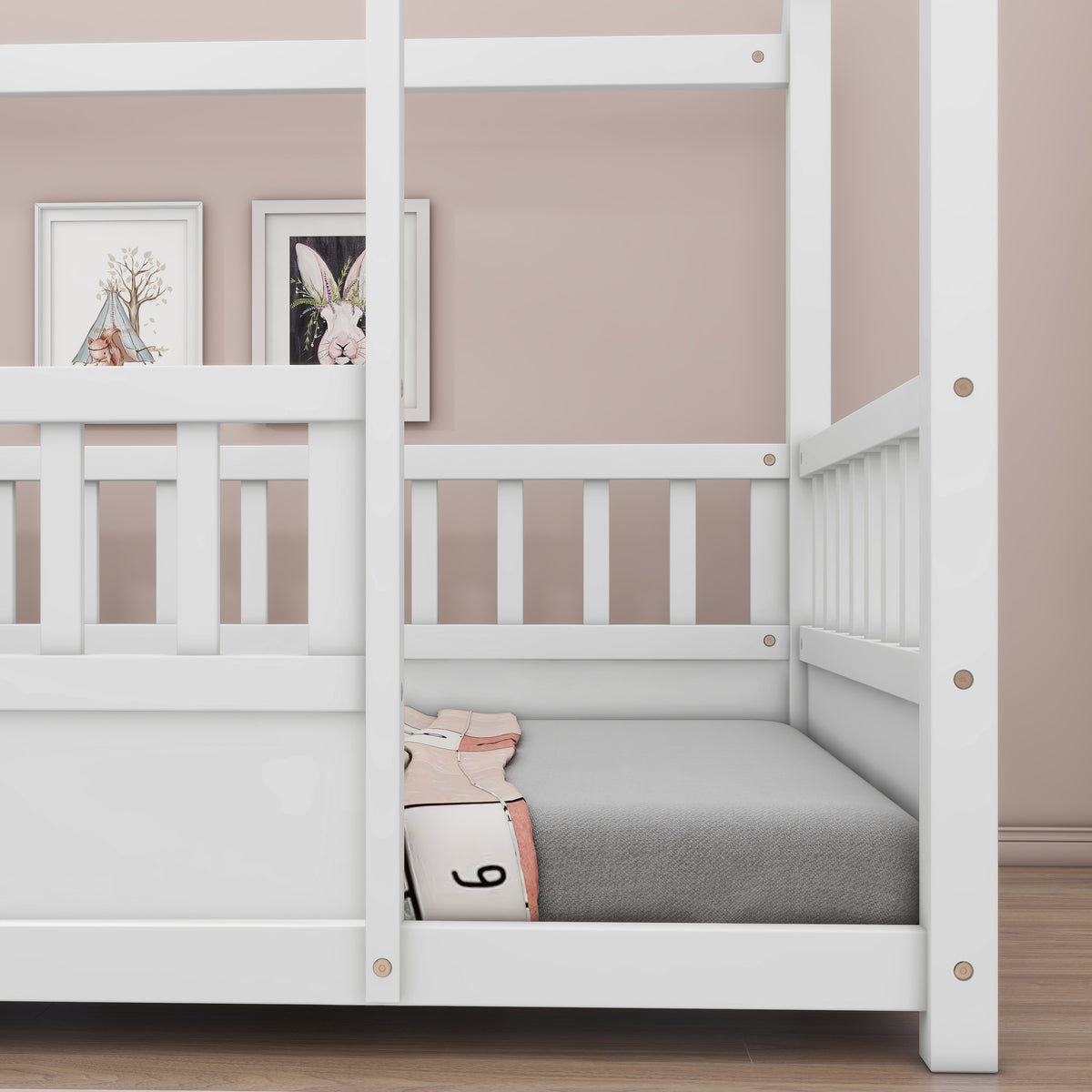 Twin Size Floor Wooden Bed with House Roof Frame, Fence Guardrails,White W1858123984-djyc