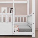 Twin Size Floor Wooden Bed with House Roof Frame, Fence Guardrails,White W1858123984-djyc