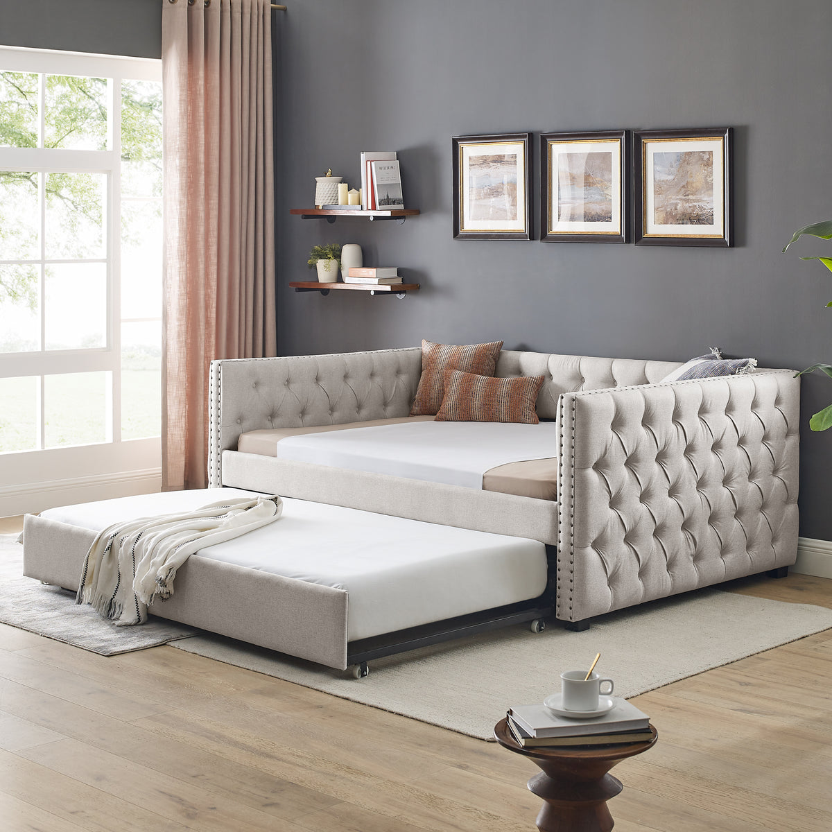 Daybed with Trundle Upholstered Tufted Sofa Bed, with Button and Copper Nail on Square Arms,Full Daybed & Twin Trundle, Beige(85"x57"x31.5") W487S00102-djyc