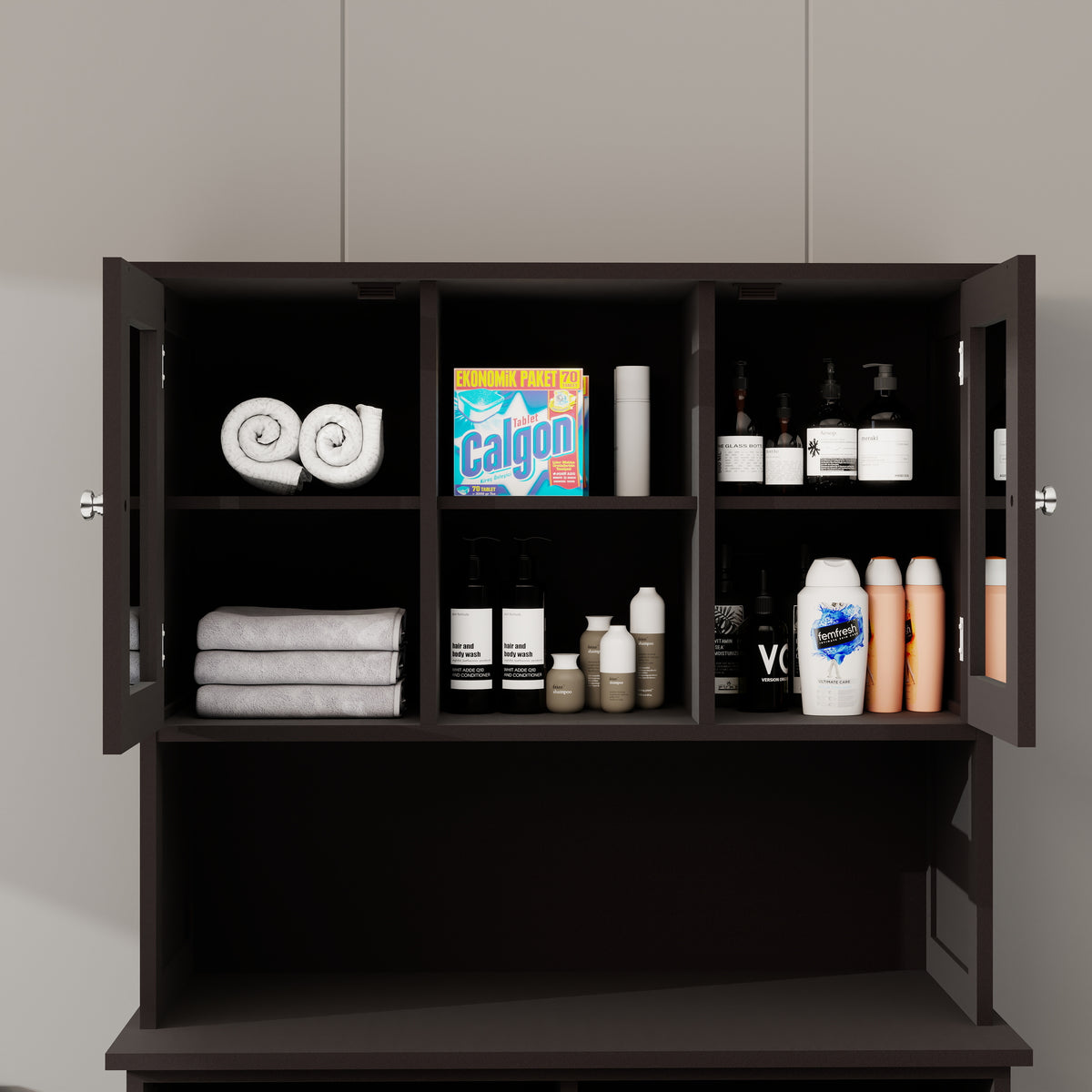 Two-Compartment Tilt-Out Dirty Laundry Basket Tall Bathroom Cabinet with 2 Adjustable Shelves-Black W1120S00002-djyc